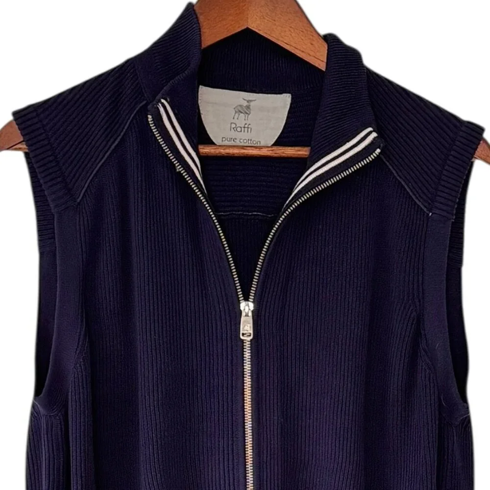 Raffi Men's Sweater Vest Full Zip Navy Cotton Ribbed Zip Pockets Golf Medium